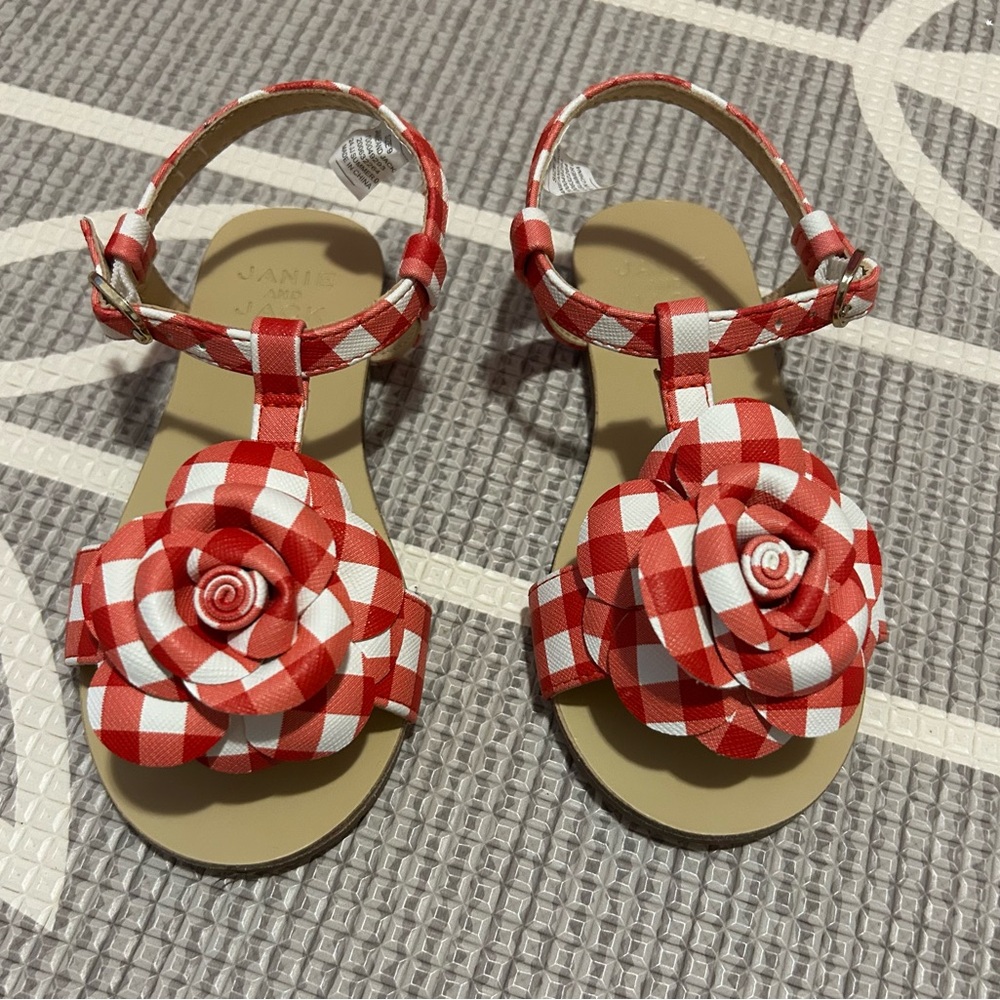 Janie and Jack Red Checkered Floral Sandals